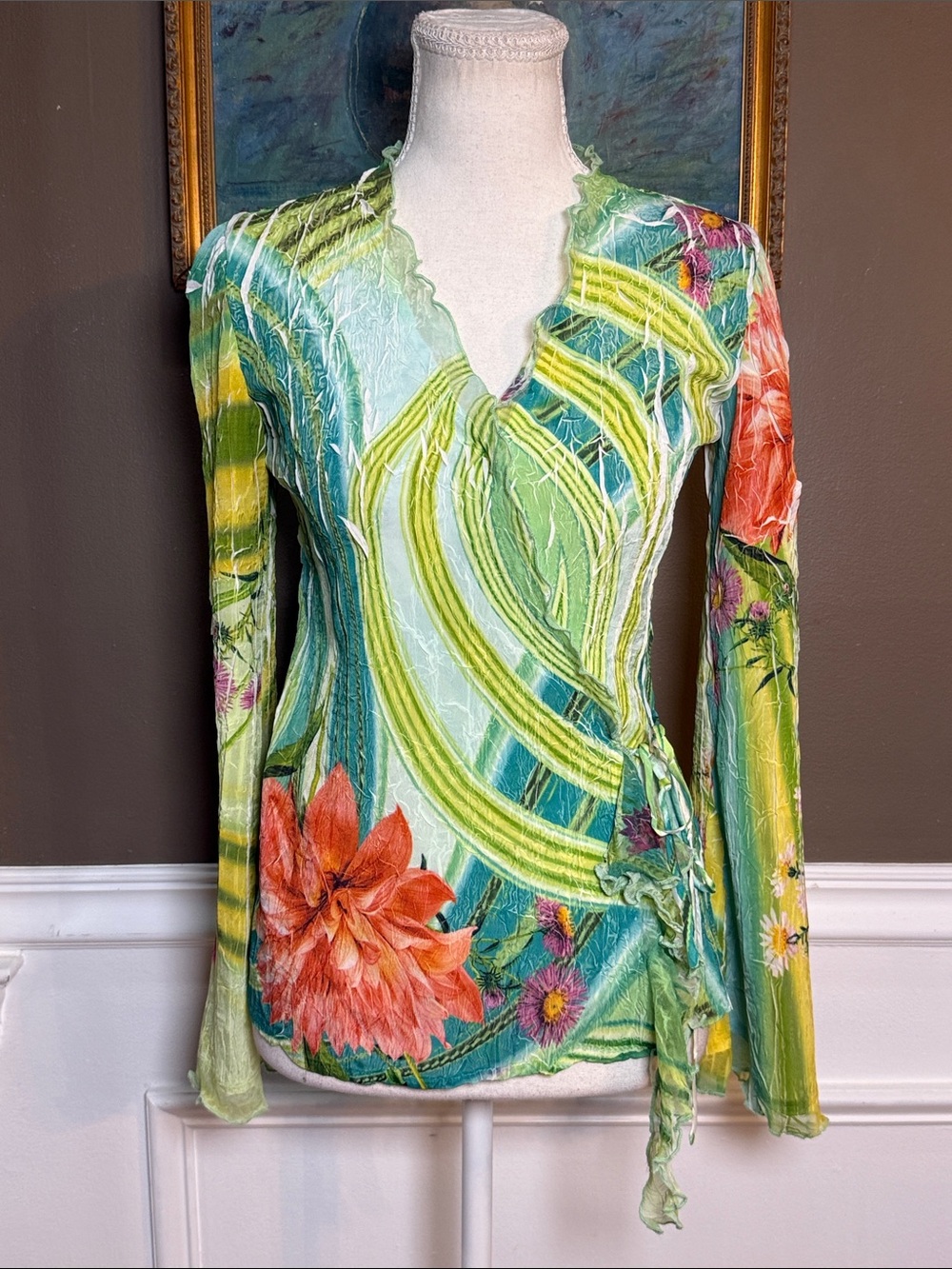 Cache Y2K Fairycore Floral Crinkle Wrap Top Bell Sleeve Small